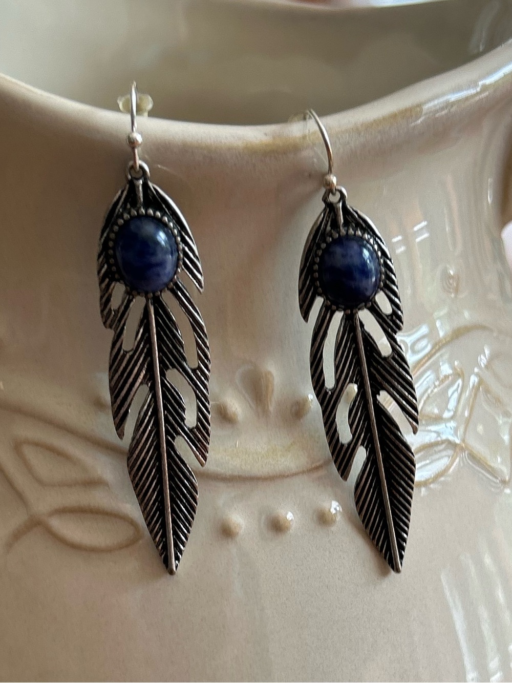Silver Feather Drop Earrings with Blue Stone